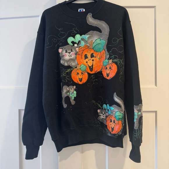 Tops - Handmade Halloween Pumpkin Black Sweatshirt, Size Large